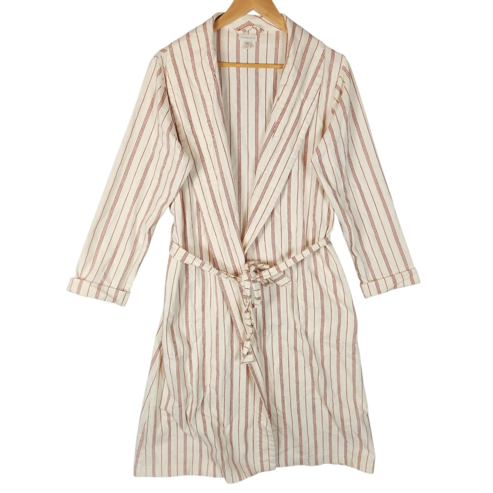 Garnet Hill Robe Small Red Cream Striped Organic Cotton Flannel Shawl Collar
